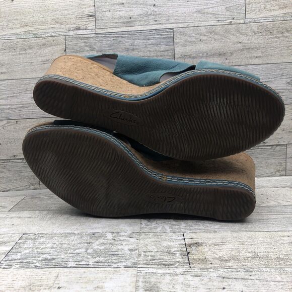 Clarks Collection Float Helio Cork Wedge Sandal Blue Size 9.5 M Soft Cushion - Picture 9 of 11